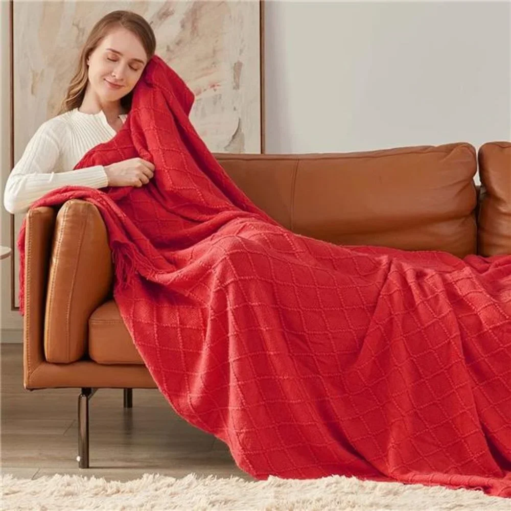 Decorative Knitted Throw Blankets Soft Cozy Blanket with Tassel, Red